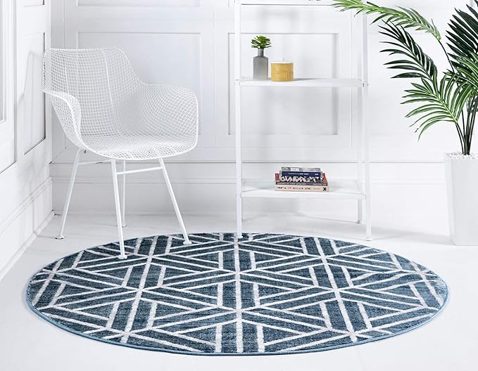 Rugs.com Lattice Trellis Collection Rug – 5 Ft Round Blue Low-Pile Rug Perfect for Kitchens, Dining Rooms