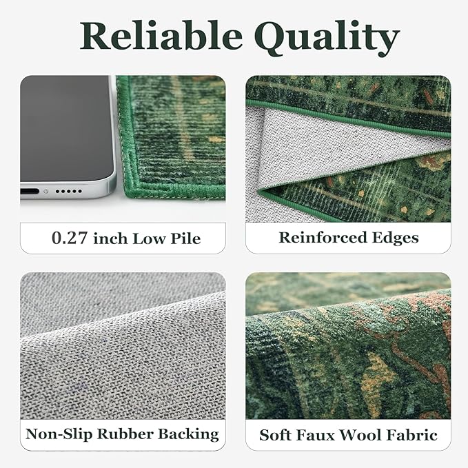 Green Medallione 6x8 Area Rugs for Living Room, Low Pile Thin Washable Non Slip Rugs for Bedroom Dining Room, Vintage Distressed Carpet for Home Office Guest Room