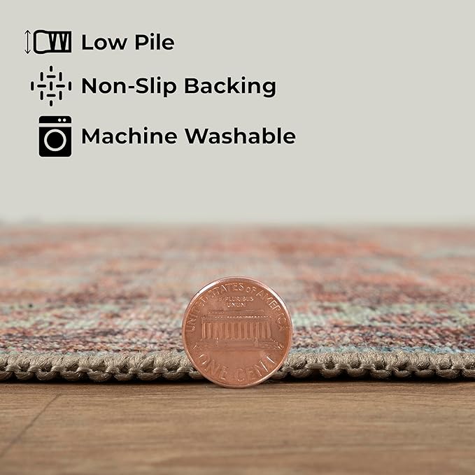 GLN Rugs Traditional Collection - Machine Washable Area Rug, Traditional Washable, Non Slip, Low Pile Chenille Rug, Living Room, Bedroom, Kitchen Rug (6' x 9' Terra/Multicolor 1153)
