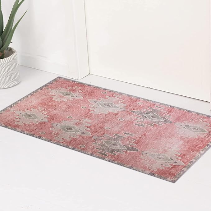 Fame Rugs Turkish Rug. Washable Vintage Oriental Antique Inspired Traditional Doormat Small Modern Area Rugs Luxury Entryway Entry Bedroom Bathroom Kitchen (379PP, 2'5 x 6'9)
