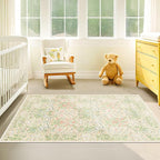 Washable Neutral Floral Living Room Rug, 3x5 Area Rugs for Bedroom, Nursery, Kitchen, Large Entryway, Vintage Non-Slip Throw Rug Low Pile Stain Resistant (3x5 Garden Green)