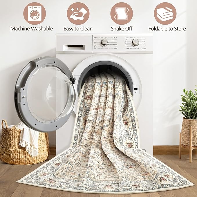 Runner Rug Kitchen Washable Rugs: 3x8 Non-Slip Boho Soft Vintage Stain Resistant Indoor Floor Neutral Farmhouse Throw Carpet for Hallway Bathroom Laundry Room Entryway Bedroom- Cream