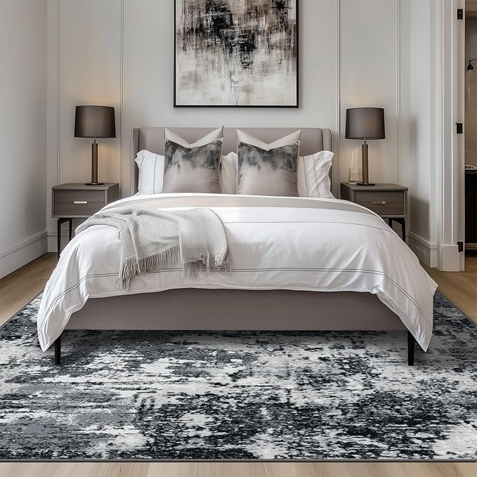 Washable Area Rugs 6'x8' Non-Slip Modern Abstract Soft for Living Room Entryway Bedroom Nursery, Print Pattern, Black Gray