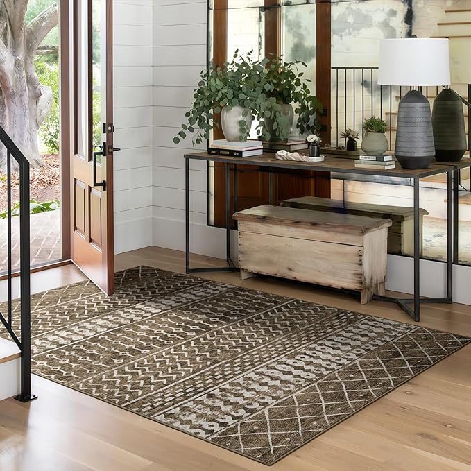 4x6 Machine Washable Area Rug for Living Room, Brown Vintage Moroccan Rug Large Non-Slip Low Pile Soft Faux Wool Carpet, Kids and Pets Friendly for Bedroom Dining Room Farmhouse Home Decor Rug
