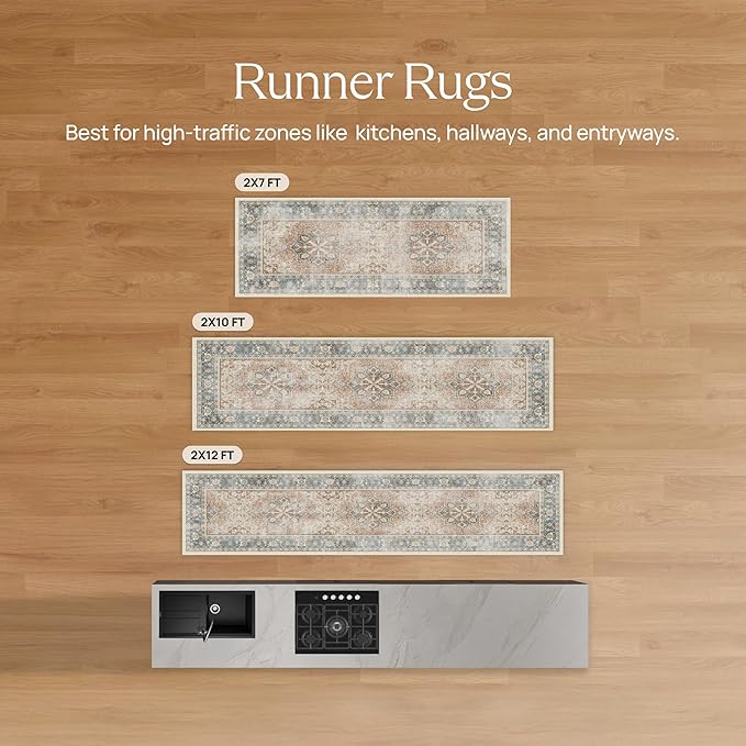 RUGGABLE Washable Vintage Runner Rug – Kamran Ivory Opal 2.5x12, Stain-Resistant, Non-Slip Hallway Runner – Machine Washable Rug for Hallway, Entryway, Living Room & Kitchen–with Standard Pad