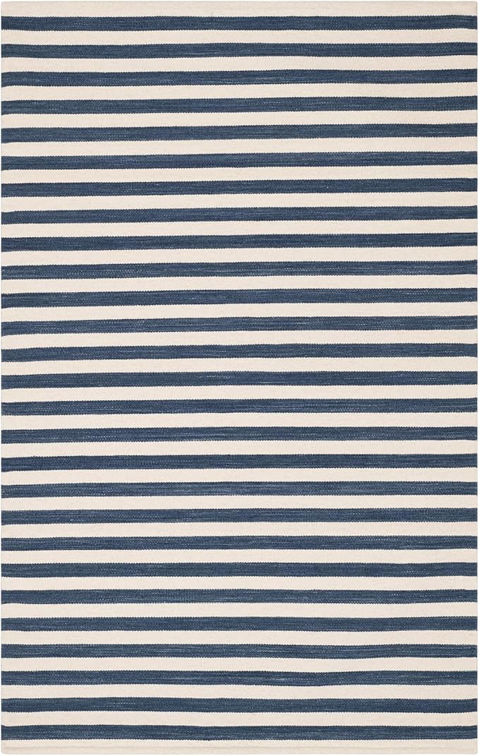 Home Conservatory Ladder Stripe Navy/Ivory Handwoven Wool 4 X 6 Feet, Blue/Ivory Stripe Pattern