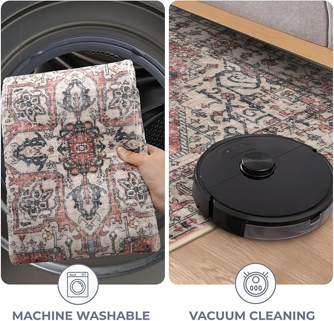 KOZYFLY Runners for Hallways 2x5 Ft Washable Kitchen Runner Rug Boho Runner Rug for Entryway Indoor Printed Oriental Faux Wool Floor Carpet Runner for Laundry Room Kitchen Hall, Terracotta/Beige