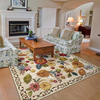 5x8 Machine Washable Area Rug for Living Room, Beige Vintage Boho Floral Rug Large Non-Slip Low Pile Soft Faux Wool Carpet, Kids and Pets Friendly for Bedroom Dining Room Farmhouse Home Decor Rug
