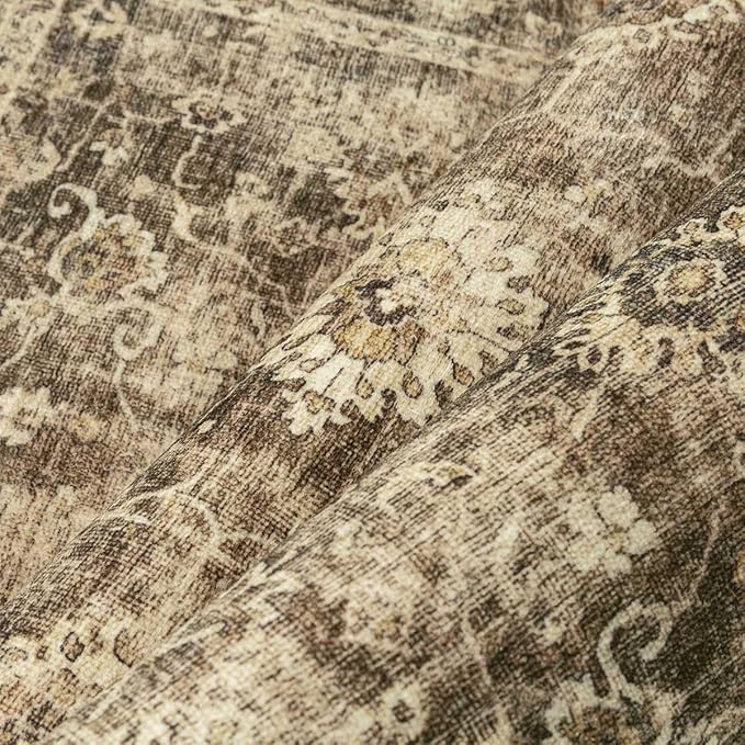 2x10 Washable Runner Rug for Kitchen Hallway Brown Vintage Non-Slip Low Pile Distressed Rustic Carpet Lightweight Vacuumable Soft Long Throw Rug for Indoor Entryway Bedroom