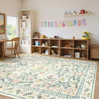 Lahome Boho Washable Girls Bedroom 9x12 Rugs, Beige Cream Floral Large Area Rugs for Bedroom, Soft Non-Slip Thin Carpet for Nursery Kids Playroom Dining Room Home, Beige