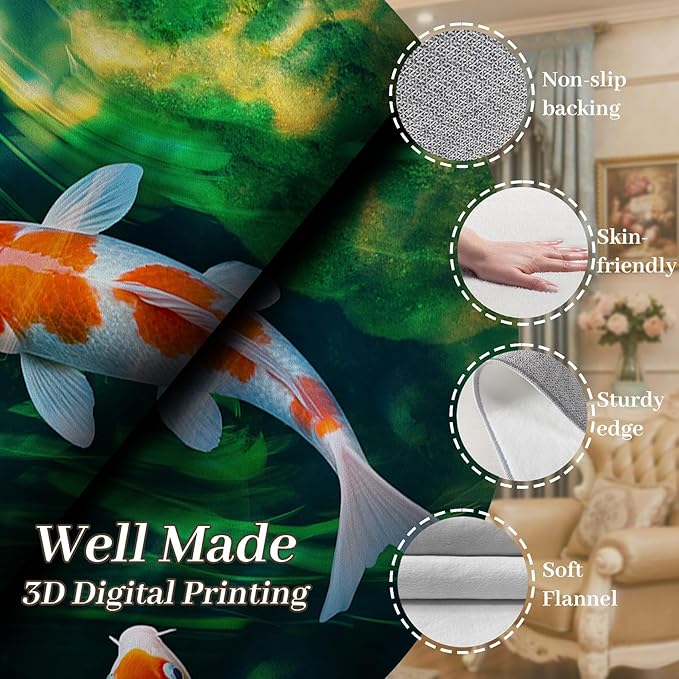 Green Pond Koi Fish Area Carpet, 3x5ft, 3D Realistic Underwater Koi Printed Carpets, Chinese Natural Landscape Soft Low Pile Rug, with Non Slip Backing Pet Friendly Rugs for Entryway