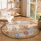 Phantoscope Washable Round Area Rug 6ft Non-Slip, Vintage Boho Rugs for Living Room, Bedroom, Dining Room, Distressed Moroccan Mosaic Diamond Pattern, Low-Pile Foldable Floor Carpet, Terracotta/Rust