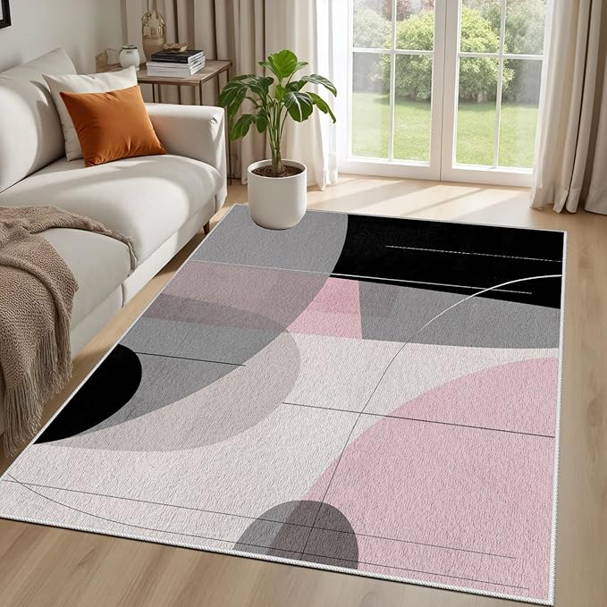 Abstract Art Line Living Room Area Rugs 7x9, Modern Boho Geometric Print Rug, Minimalist Washable Non Slip Neutral Soft Carpet for Bedroom, Dining Room Office Playroom, Black Gray