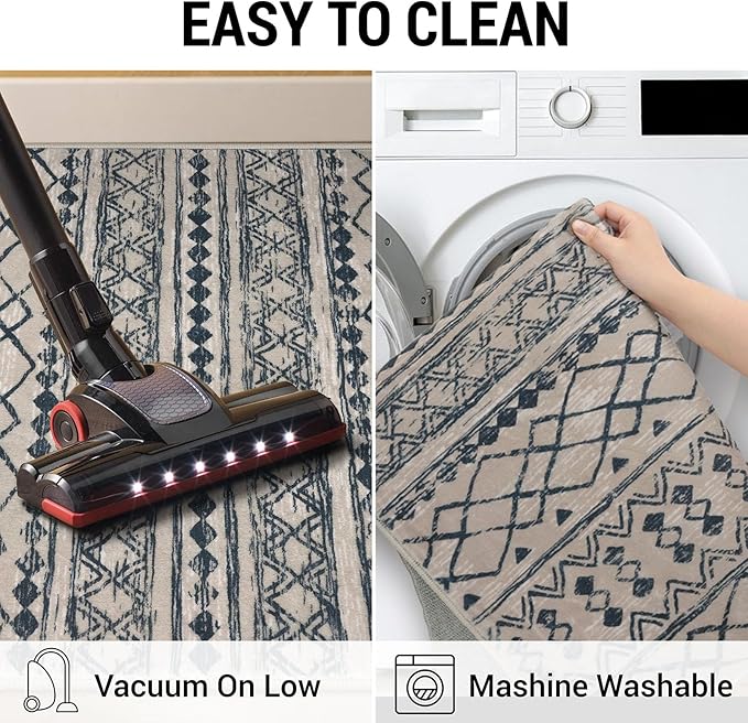 KUTA Moroccan Washable Hallway Runner Rug, 2x6 Non-Slip Vintage Light Brown Black Boho Rugs Kitchen Runners Ultra Soft Distressed Geometric Floor Carpet for Bedroom Laundry Living Room