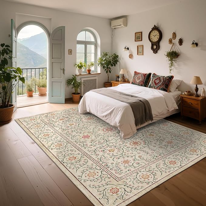 GarveeHome Boho 6x9 Area Rug for Living Room, Floral Vintage Rugs for Bedroom with Soft Low Pile, Non Slip Stain Resistant Botanical Washable Rug 6x9 for Dining Room Camel Carpet for Dorm Office