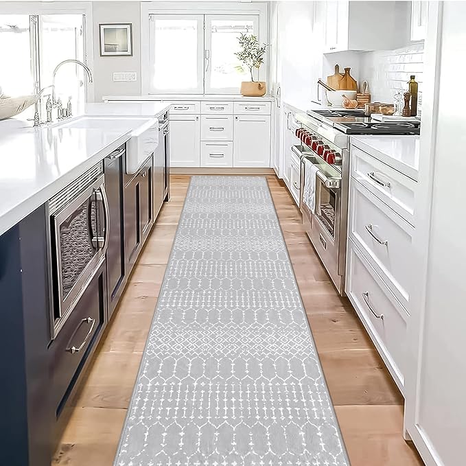 Lahome Moroccan Washable Rug Runner 2x10 Non-Slip Runner Rug for Kitchen Stain Resistant Grey Carpet Runners for Hallway 10 Ft, Modern Geometric Print Soft Floor Carpet for Bathroom Entryway Foyer