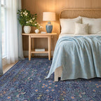 Dark Blue Living Room Rug 8x10, Vintage Floral Washable Area Rugs for Bedroom, Dining Room Under Kitchen Table, Oriental Low Pile Stain Resistant Non-Slip Large Navy Decor