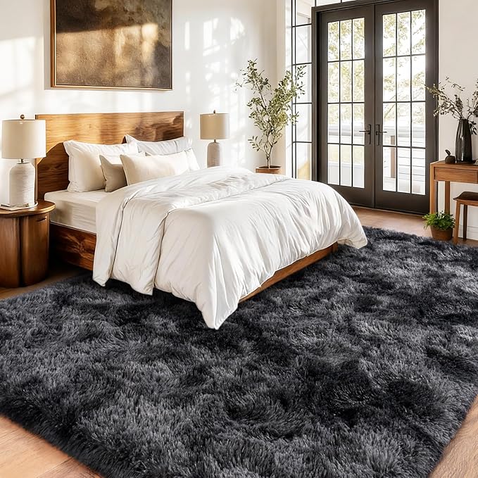 Shaggy Area Rugs, Fuzzy Rugs for Living Room, Soft Nursery Area Rug for Girls, Tie Dye Black Gray Plush Area Rugs Non Slip, Fluffy Rug Carpet 8x10ft