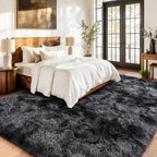 Shaggy Soft Fluffy Rug Non-Slip Indoor Floor Carpet for Living Room Anti-Skid Indoor Carpet Tie-Dyed Black Grey 5x7 Feet