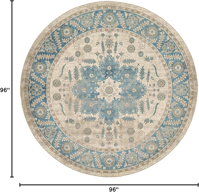 Unique Loom Salzburg Collection Classic Traditional Design Oriental Inspired Border Area Rug (8' 0 x 8' 0 Round, Beige/Blue)