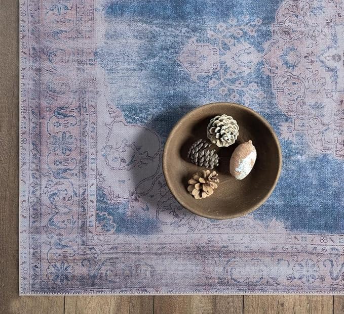 GLN Rugs Traditional Collection - Machine Washable Area Rug, Traditional Washable, Non Slip, Low Pile Chenille Rug, Living Room, Bedroom, Kitchen Rug (2' x 3' Cream/Navy)