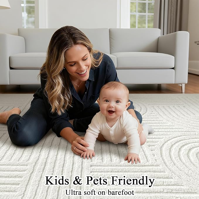 SHACOS Soft Cozy Fluffy Arch Pattern High Low Pile Rugs 4'x6' Non Slip Washable Scandinavian Minimalist Rug Modern Geometric Arc Carpet for Living Room Bedroom Dining Room, Cream White