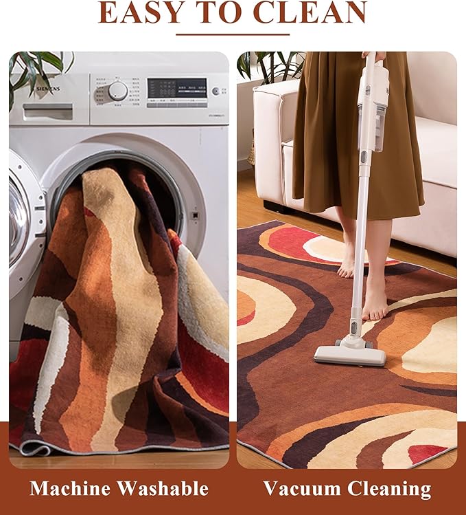 YIHOUSE Burnt Orange Rug 3x5 Washable,Farmhouse Brown Retro Carpets,Geometric Abstract Wavy Rug for Bedroom,Unique Colorful Rugs for Living Room,Dining Room,Bedside Rugs
