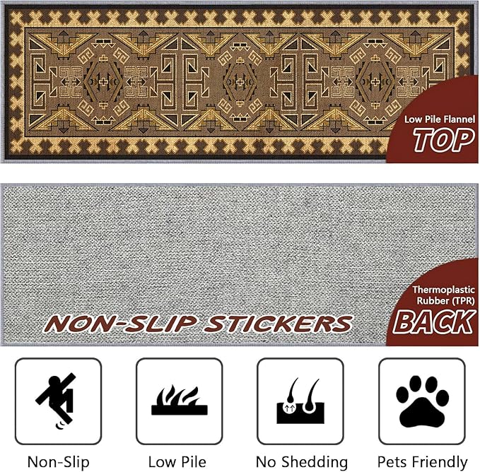 Brown Geometric Runner Rug, 2x7ft Hallway Runner Washable Rug, Corridor & Foyer High-Traffic Rugs, Indoor Durable Non-Slip Mat, Vintage Southwestern Decorative Home Carpet