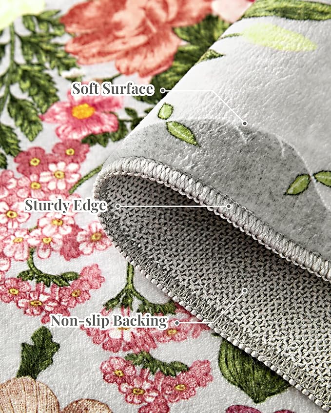 Floral Area Rug Living Room - 8x10 Washable Rugs Non-Slip Soft Bedroom Rugs Under Bed Stain Resistant Accent Indoor Floor Vintage Carpet for Dining Room Kids Playroom Home Office Decor, Grey
