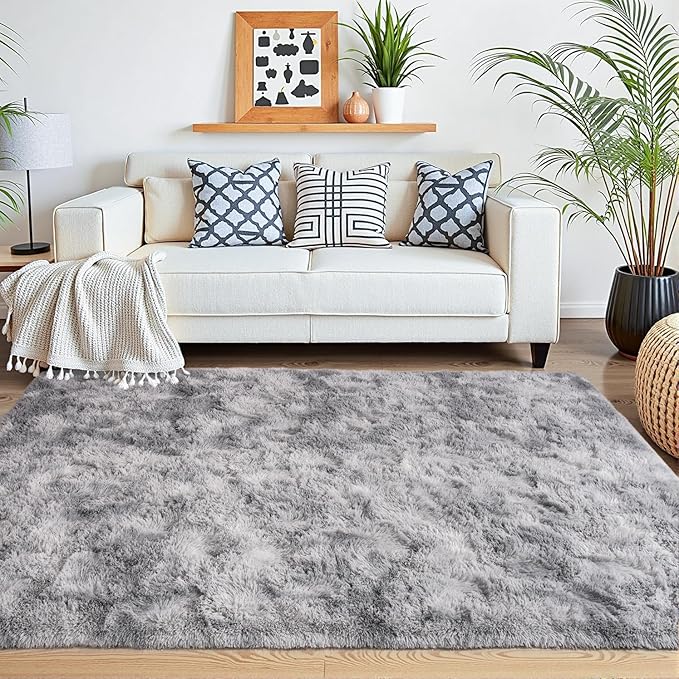 Beglad Fluffy Large Area Rugs 6x9 Feet, Modern Minimalist Style Shag Fuzzy Rugs, Non-Slip Indoor Carpet Soft Rugs for Kids Room, Bedroom & Living Room, Tie-Dyed Light Grey