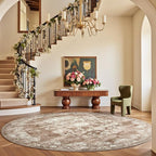 jinchan Round Rug 7ft Area Rug - Brown Vintage Floor Mat Kitchen Indoor - Washable Circle 7' Thin Floral Print Carpet Retro Farmhouse Non Slip Dining Room Living Room Bedroom Office