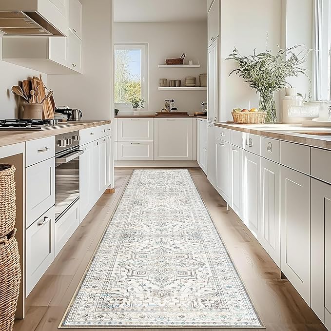 Enkor Runner Rugs for Hallway, 2.6x10.5 Washable Soft Non Slip Floor Rugs for Kitchen, Modern Mat for Living Room Bedroom Entryway White & Grey