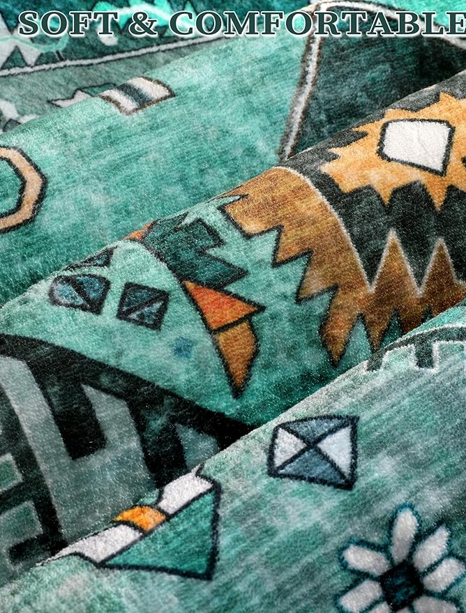 SERISSA Boho Washable Runner Rug, 2x5 Rug Runner Non-Slip Vintage Teal Hallway Kitchen Runner Rug Ultra Soft Print Distressed Tribal Floor Carpet Runner for Bedroom Bathroom Laundry Living Room