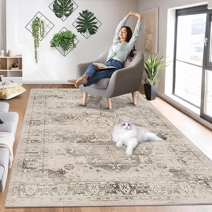 Washable Area Rugs for Living Room 4’x6’ Non Slip Low Pile Area Rugs for Bedroom Foldable Vintage Carpets