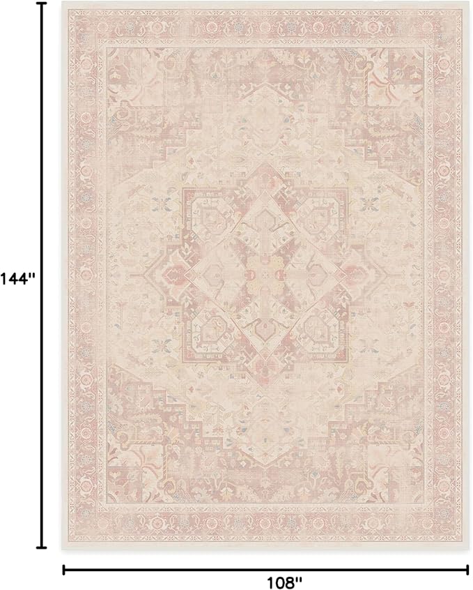 RUGGABLE Washable Area Rug – Kamran Soft Pink 9x12, Stain-Resistant, Non-Slip – Large Machine Washable Rugs for Living Room, Bedroom, Hallway, Entryway & Office–with Cushioned Pad