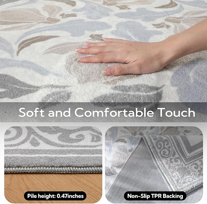 SOULFUL Medium Pile 3x5 Area Rug - Cozy Soft Underfoot Small Entryway Rug - Light Taupe Boho Floral - Washable Non-Slip - Perfect for Living Room Bedroom Foot Kids Room Reading Nook