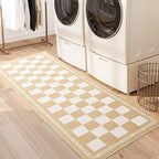 Vasofe 2x6 Runner Rug for Hallway, Washable Checkered Jute Rugs, Outdoor Indoor Patio Porch Balcony Bedroom Kitchen Laundry Geometric Mat, Non Slip Plaid Farmhouse Design Carpet, Khaki and White