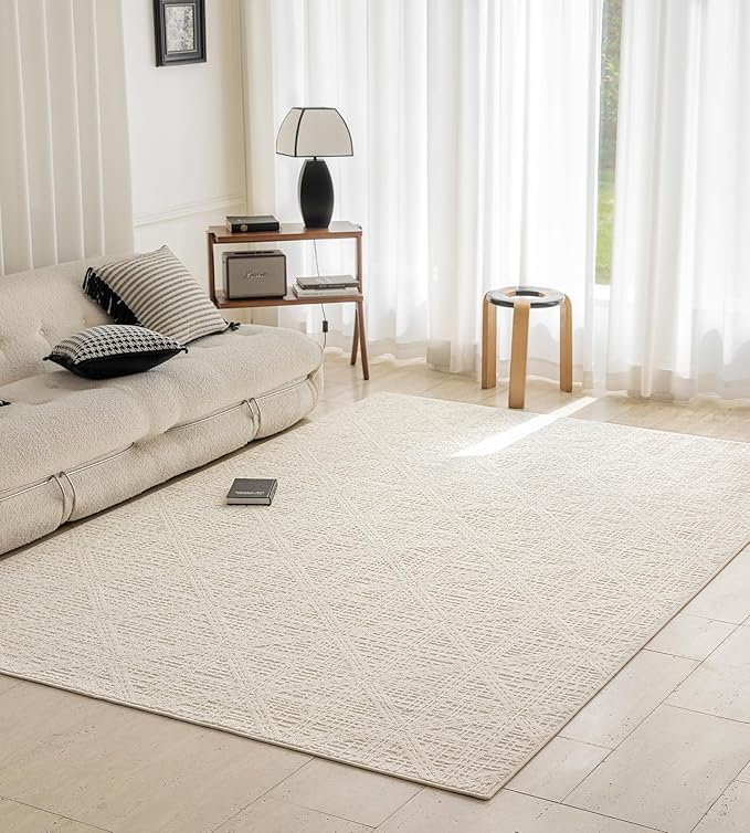 jxgzyy Beige Area Rug, 0.36'' Thick Low Pile Textured Rug, Modern Aesthetic Solid Carpet for High Traffic Area, Stain-Resistant Kitchen Rug with Non-Slip Backing, 5x7