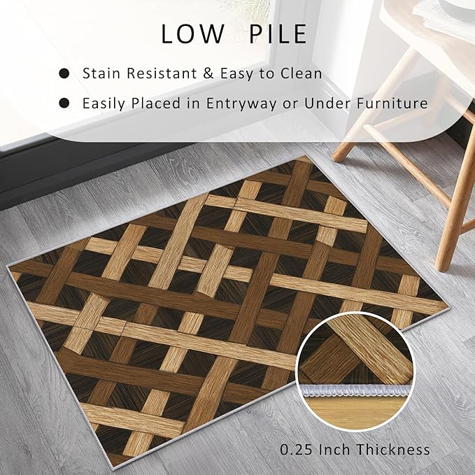 Checkered Rug, Washable 3x4 Rug for Living Room, Wood Grain Patterned Indoor Carpet, Checkered Geometric Decor for Home, Bedroom, Soft Non Slip Thin Design FER23