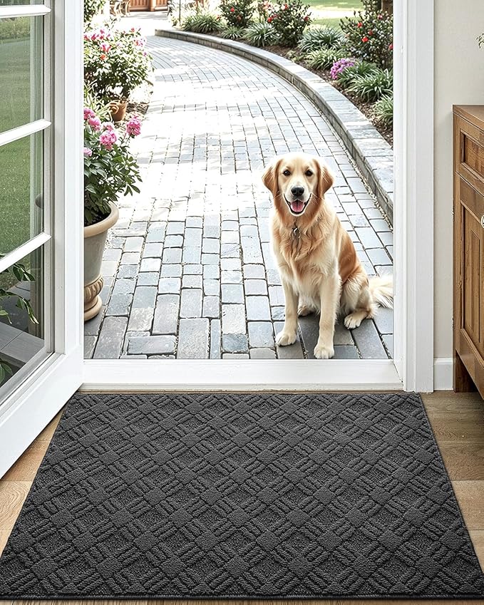 LUMI Indoor Door Mat, Absorbent Non-Slip Thin Doormat, Washable Door Mats, Woven Pattern Inside Floor Mat, Ideal for Entryway, Front Door, Home Decor, 48"x72", Woven Grey