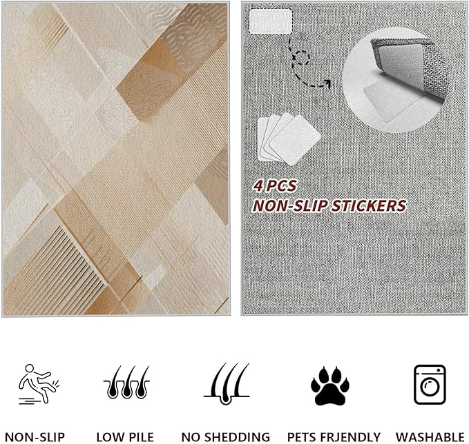 Minimalist Abstract Area Rug 7x9 Brown Boho, Modern Washable Stripe Art Rugs, Soft Non-Slip Low-Pile Carpet for Living Room, Bedroom, Kitchen, Dining Room, Pet Friendly, Non-Shedding, Beige