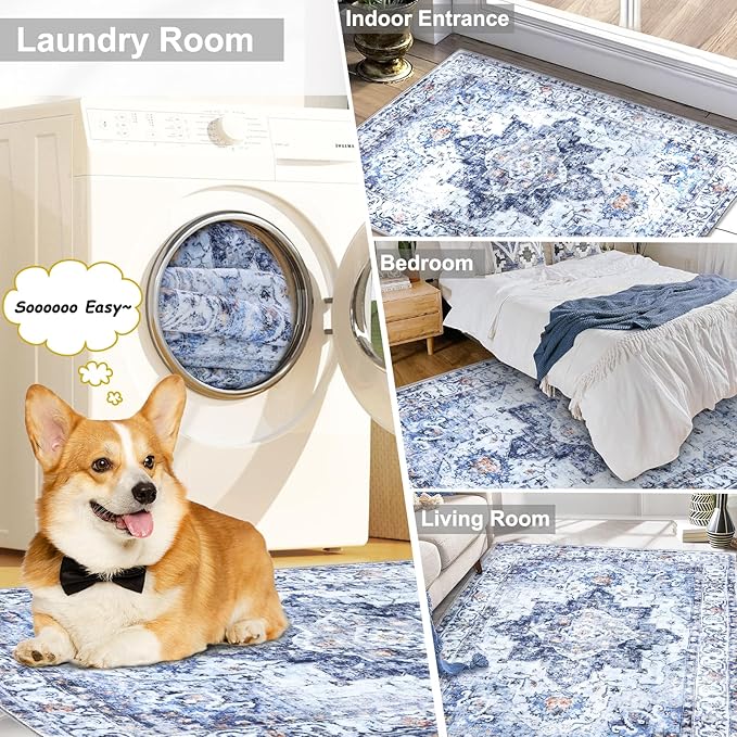 COMSLE Boho Runner Rug, 2x6 Washable Rugs for Hallway Faux Wool Small Throw Rug Distressed Kitchen Area Rug Non-Slip Laundry Room Rug Carpet Runner for Entryway Indoor Bedroom (Blue)