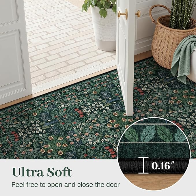 9x12 Area Rug Living Room Rug - Floral Vintage Forest Washable Carpet, Low Pile Non-Slip Stain Resistance Boho Soft Large Carpet for Bedroom, Dining Room Under Table, Farmhouse (9'x12' Dark Green)
