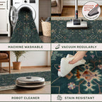 Dark Green Oushak Living Room Rug 10x12 - Modern Vintage Boho Eclectic Floral Pastel, Washable Low Pile Non-Slip Extra Large Area Rugs for Dining Under Table Bedroom Lounge