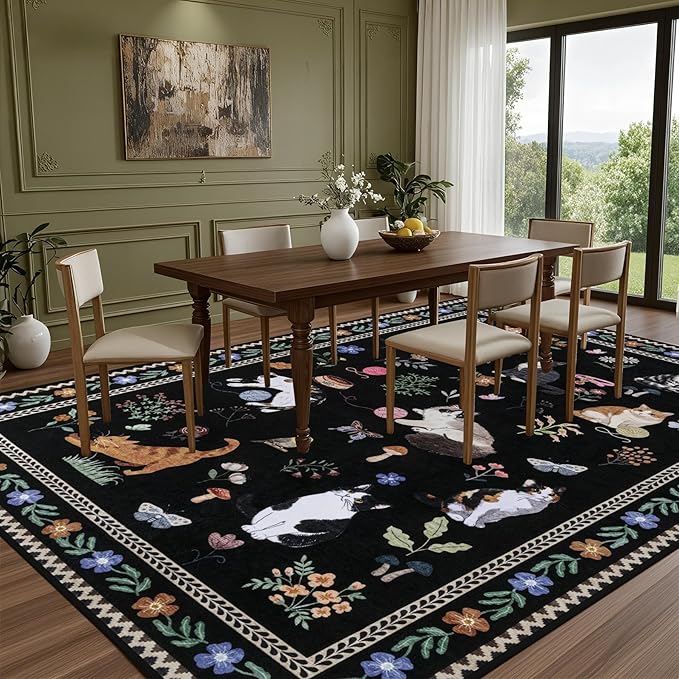 6x9 Area Rugs Living Room Rug: Vintage Washable Rug Floral Soft Carpet Indoor Floor Non-Slip Boho Stain Resistant Large Carpets for Bedroom Kids Nursery Dining Room Farmhouse Home Office Black/C01