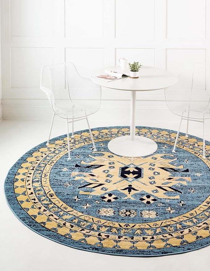 Unique Loom Taftan Collection Border Geometric Tribal Inspired Design Area Rug (8' 0 x 8' 0 Round, Light Blue/ Gold)