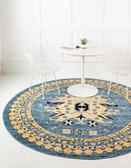 Unique Loom Taftan Collection Border Geometric Tribal Inspired Design Area Rug (8' 0 x 8' 0 Round, Light Blue/ Gold)