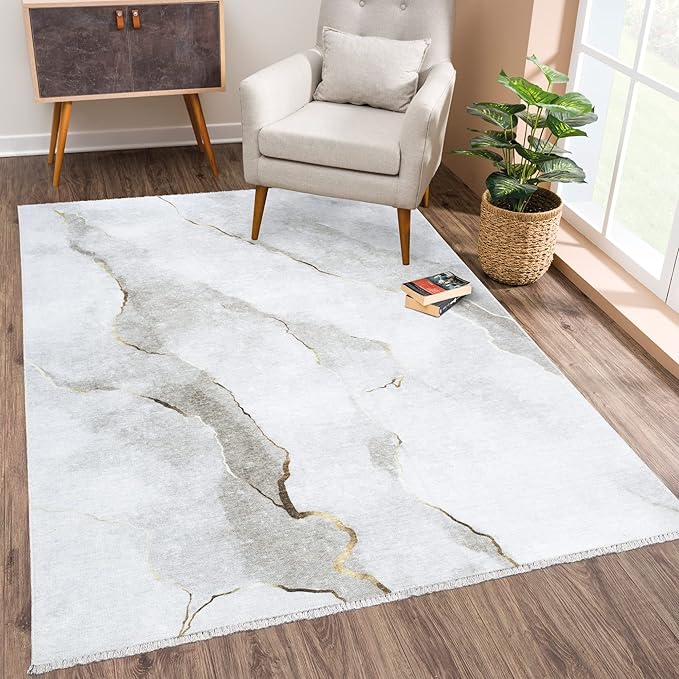 Bloom Rugs Caria Washable Non-Slip 9x12 Rug - Ivory/Gold Modern Abstract Area Rug for Living Room, Bedroom, Dining Room, and Kitchen - Exact Size: 9' x 12'