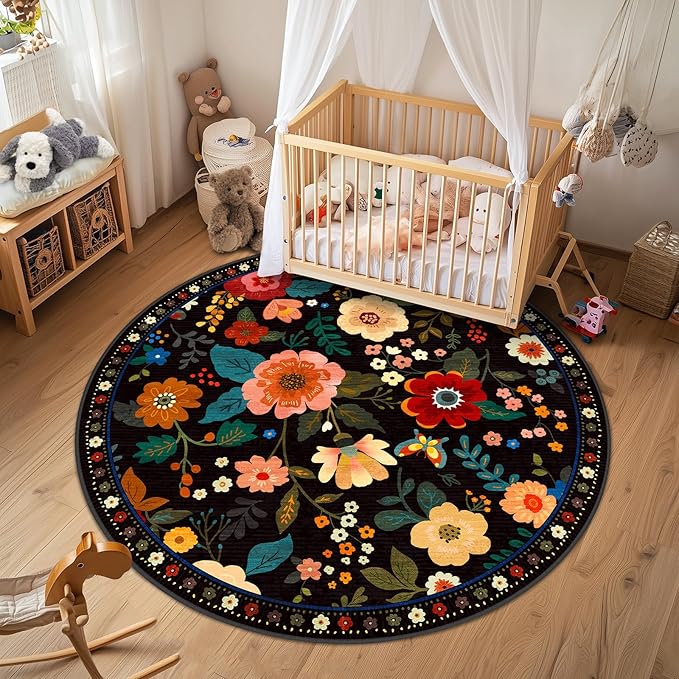 Floral 4ft Area Rug Machine Washable Soft Print Boho Carpet Non Slip Doormat Low Pile Flower Area Rugs for Living Room Bedroom Nursery Kitchen Dining Room Indoor-Black