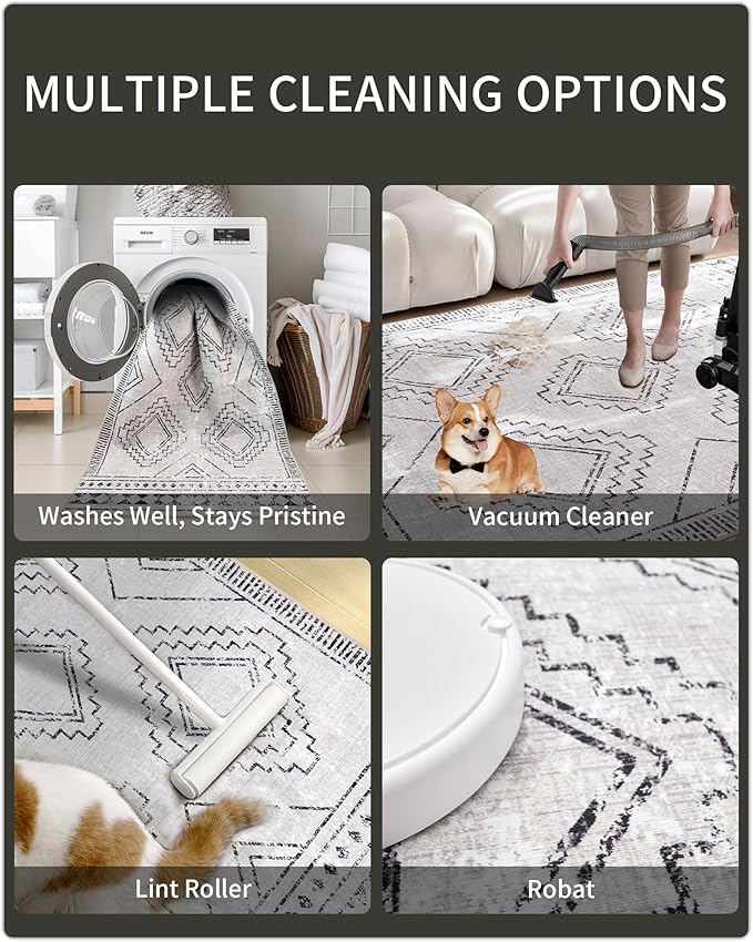 ILANGO Moroccan Area Rugs 3'x5' for Living Room Machine Washable Boho Area Rugs Dedroom with Rubber Backing Non Slip Carpet for Farmhouse Dining Room, Ultra-Thin, Foldable, Easy Clean